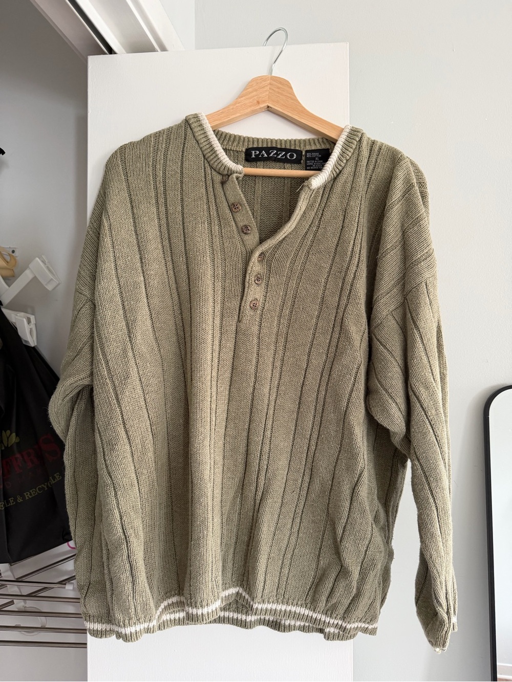 Vintage Pazzo Olive Green Ribbed Henley Sweater